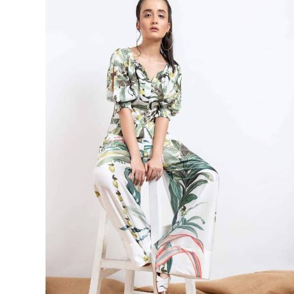 New WHIM NEW YORK Clover Satin Pants $204 SMALL Nimbu Botanical Print - Picture 5 of 5